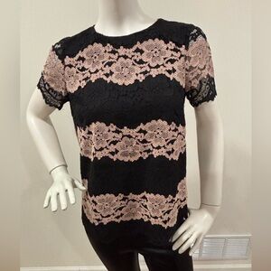 FRNCH Black and Pink Lace Lined Women's Short Sleeve Top, medium
